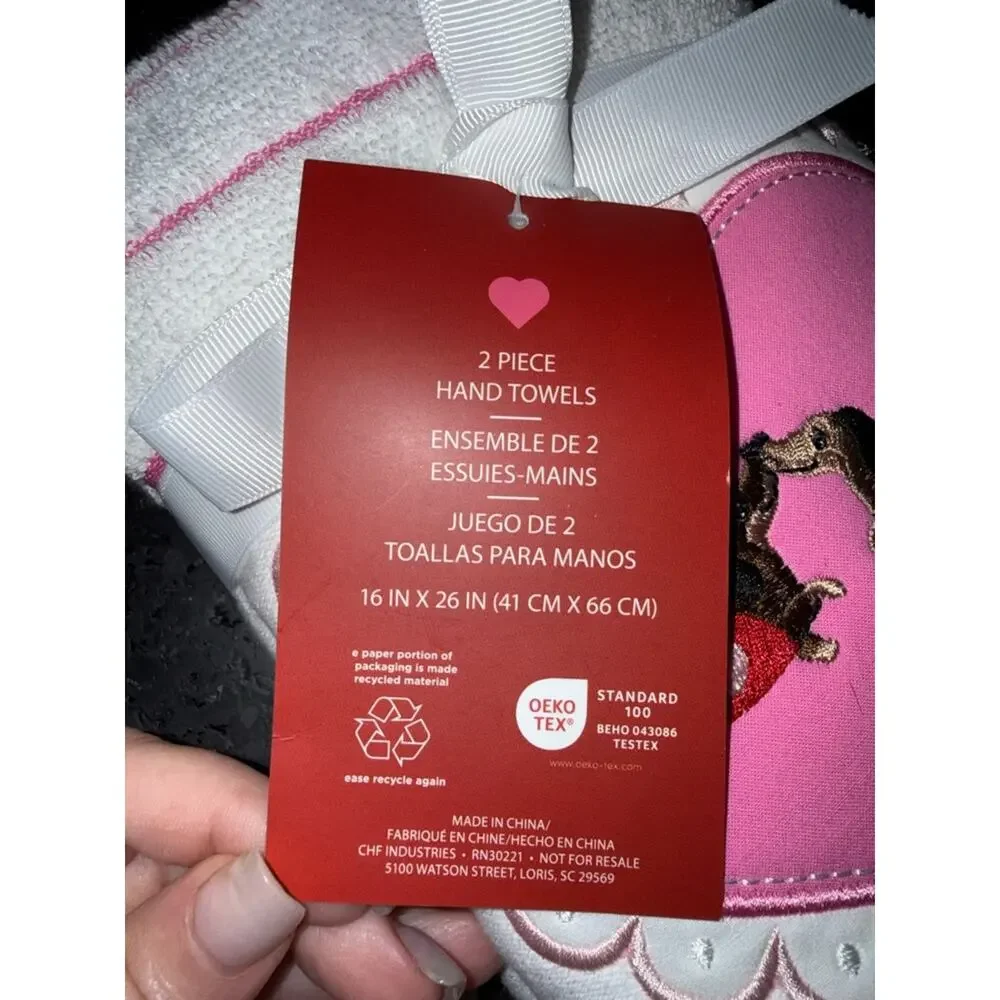 NEW 2 16x26” Pink Heart Dachshund Embroidered Hand Towels SO SOFT & SO CUTE